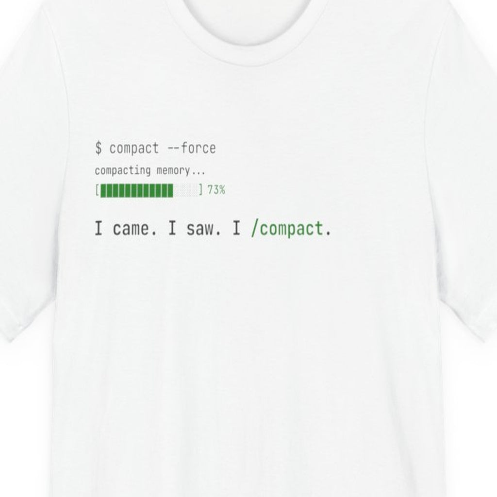 Black t-shirt with white text reading "I Came. I Saw. I /compact" in a classic Roman-inspired font