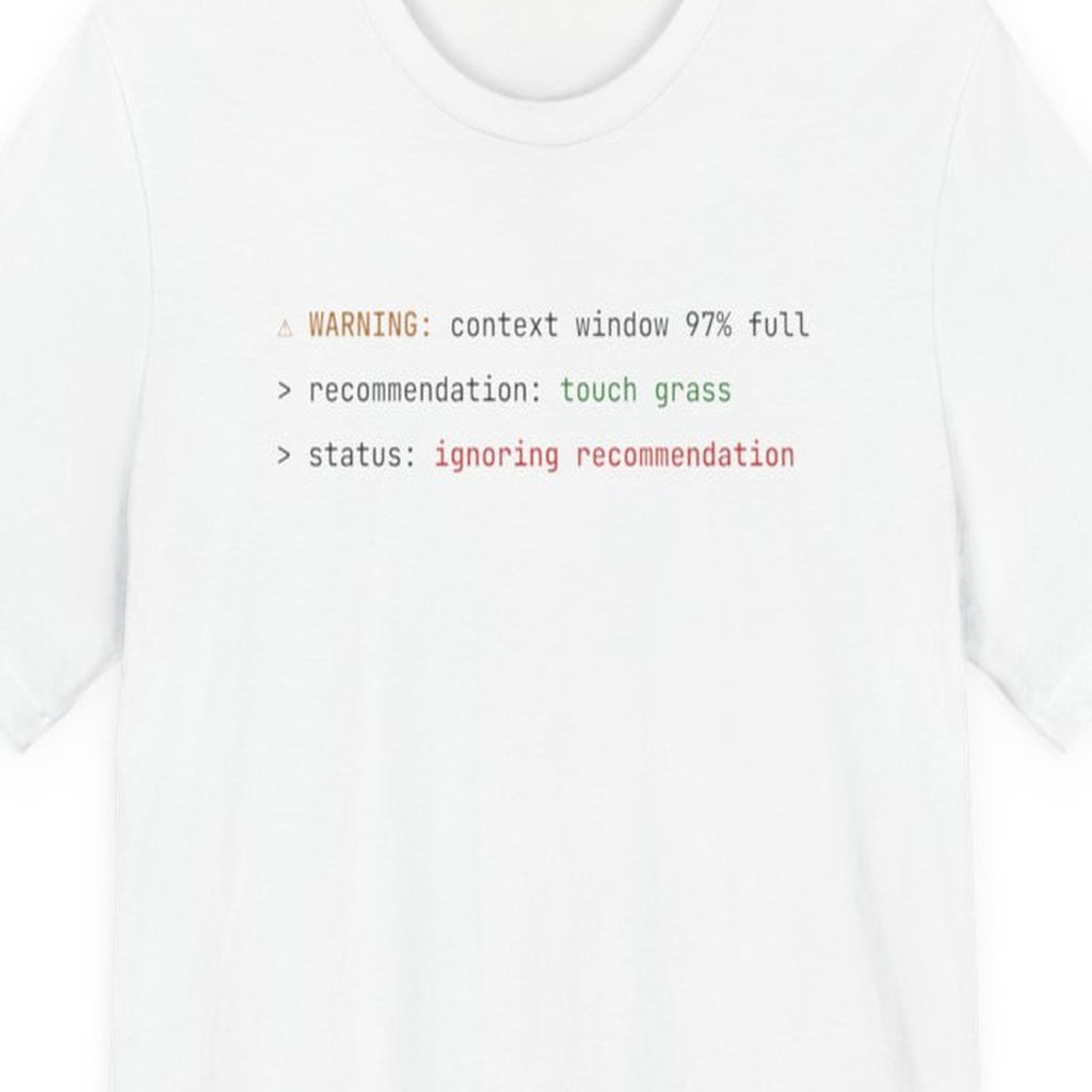 Black t-shirt with "Warning Status" text in yellow warning-style typography, developer humor design