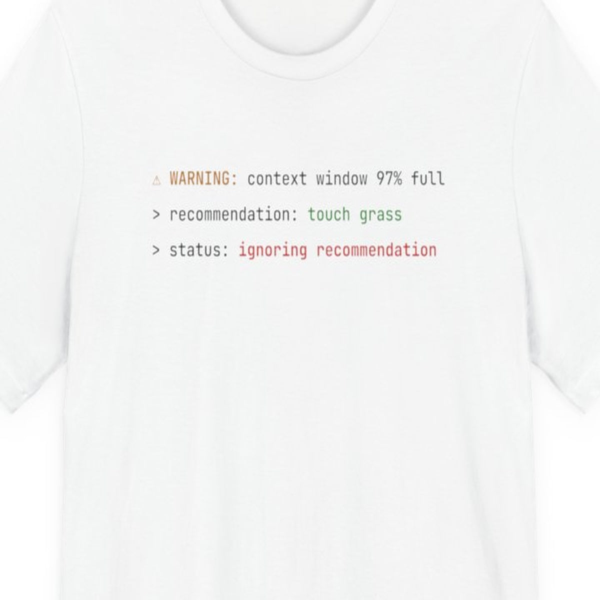 Black t-shirt with "Warning Status" text in yellow warning-style typography, developer humor design