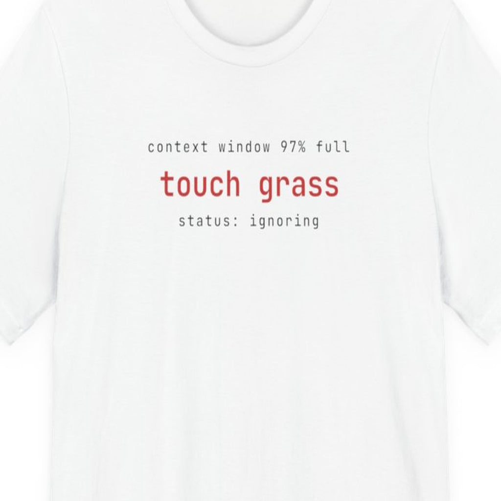 Black t-shirt with "Warning Status" text in yellow warning-style typography on front