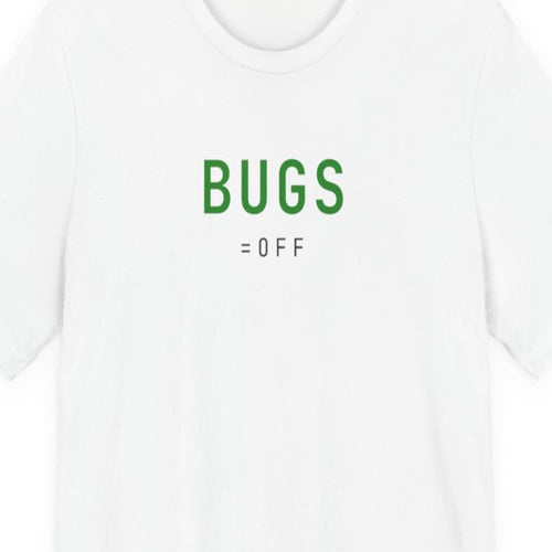 Black t-shirt with white text reading "BUGS=OFF" in monospace font, programming humor design