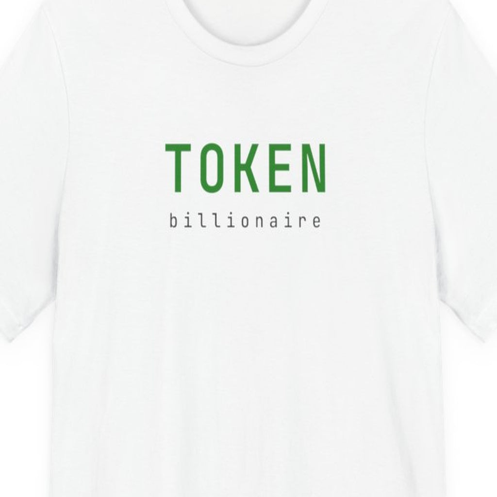 Black t-shirt with "Token Billionaire" text in white monospace font, developer humor design