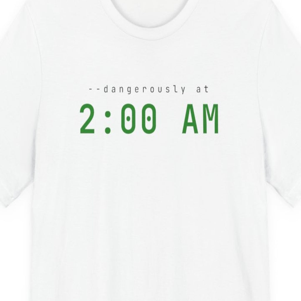 Black t-shirt displaying "POV: --dangerously-skip-permissions, 2am" in white terminal-style text