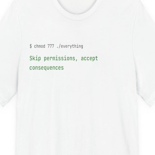 Black t-shirt with white text reading "--skip-permissions" in monospace terminal font