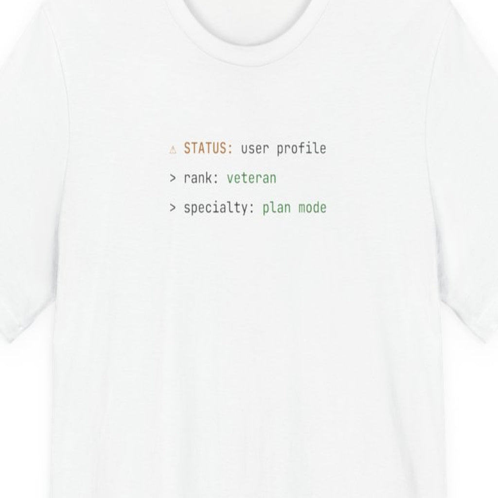 Black t-shirt with "Plan Mode Veteran" text in amber terminal-style font on front