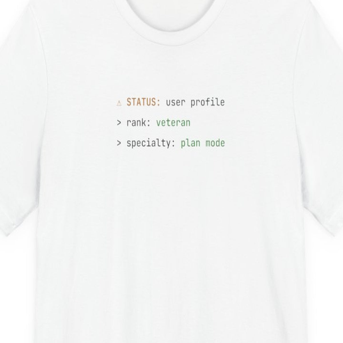 Black t-shirt with "Plan Mode Veteran" text in amber terminal-style font on front