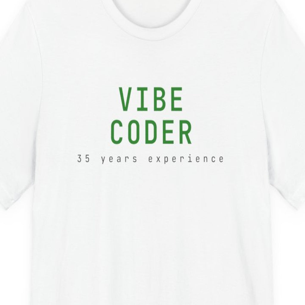 Black t-shirt with "The Vibe Coder Experience" text in retro theme park style lettering on front
