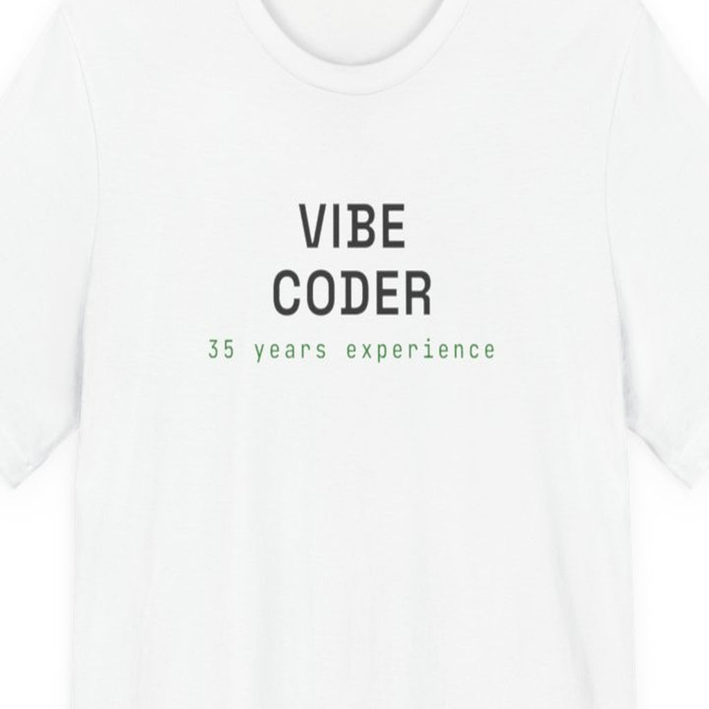 Black t-shirt with "The Vibe Coder Experience" text in retro theme park style lettering on front