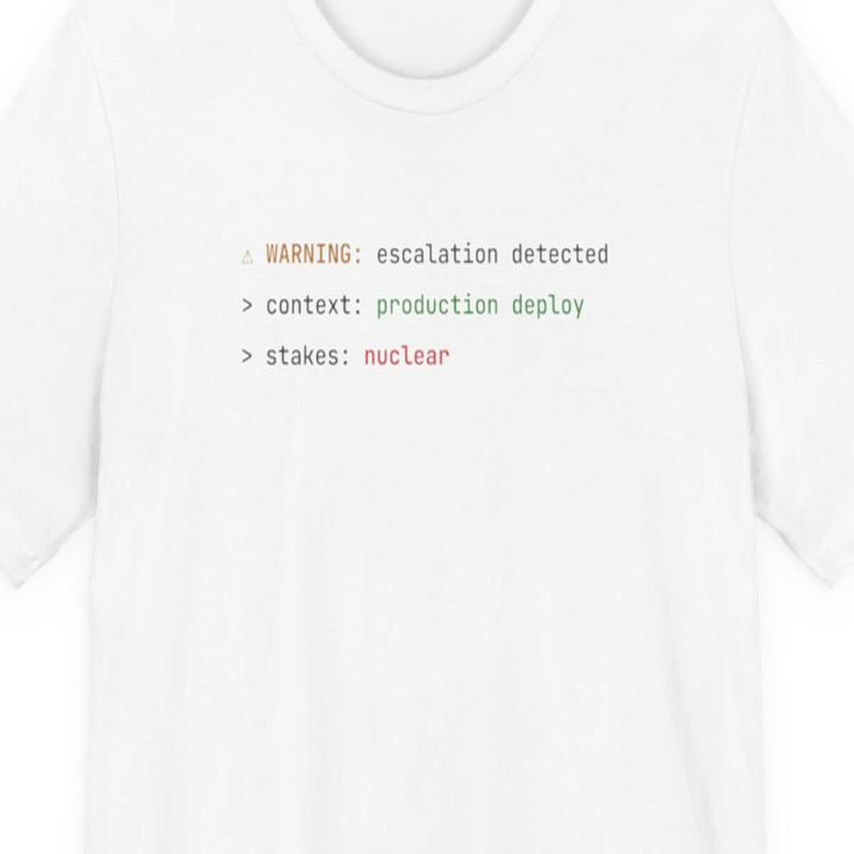Black t-shirt with "Stakes: Nuclear" text in amber terminal font, worn by person against dark background