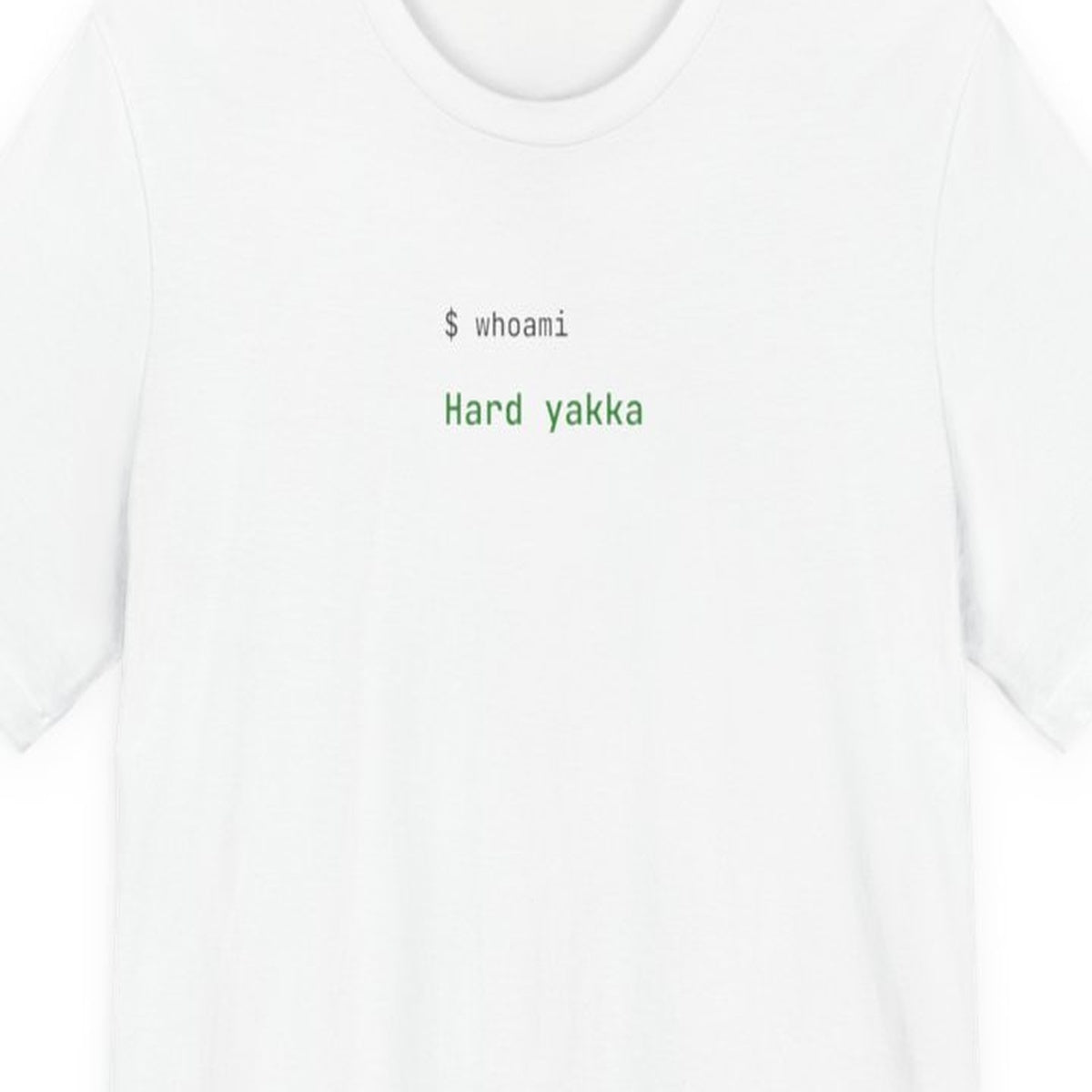 Black t-shirt with "Hard Yakka" text in terminal-style amber lettering, developer coding humor design