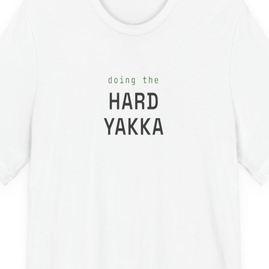 Navy t-shirt with "Hard Yakka" text design in contrasting typography styles on front