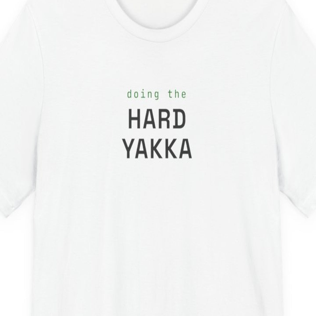 Navy t-shirt with "Hard Yakka" text design in contrasting typography styles on front